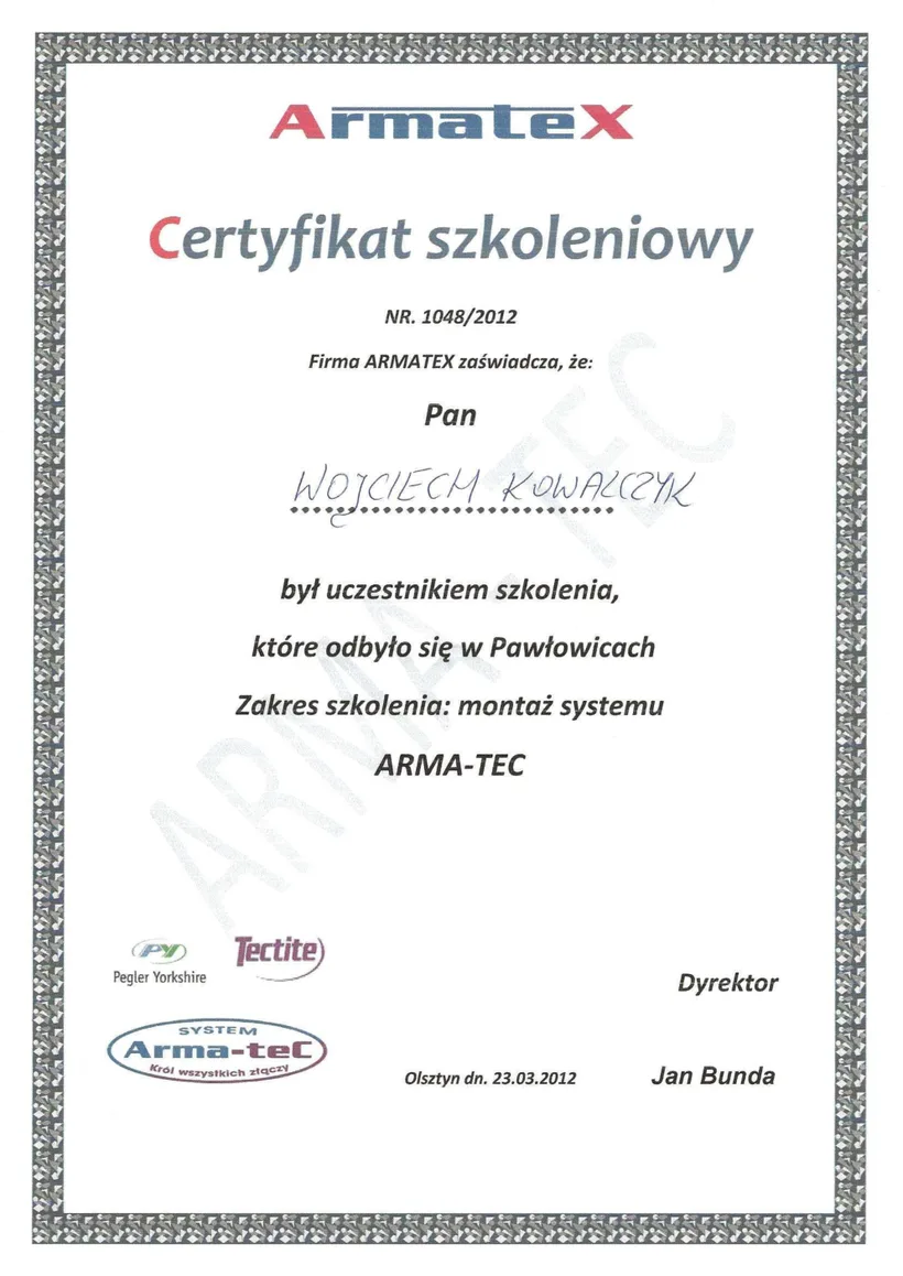 Certyfikat: Armatex - montaż systemów ARMA-TEC