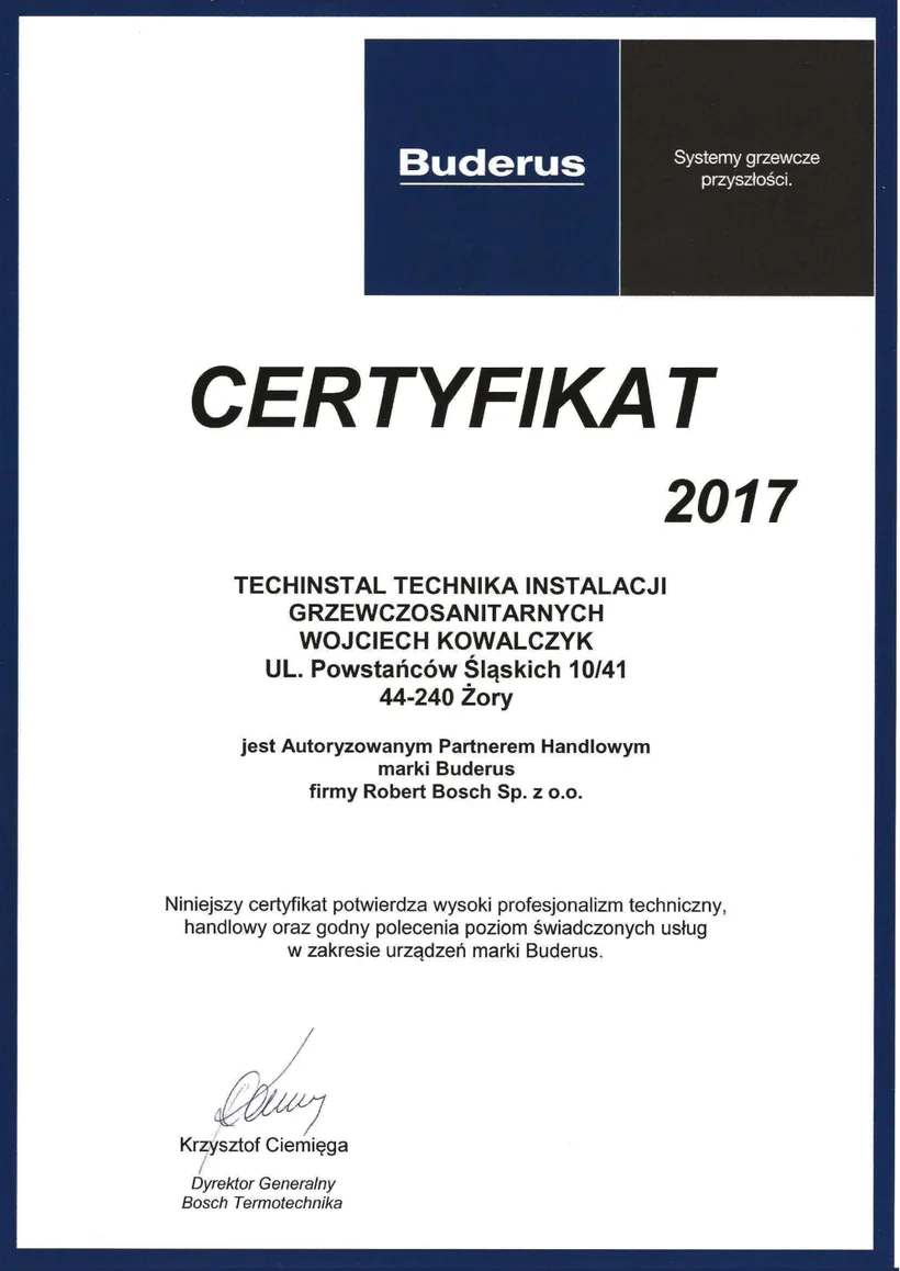Certyfikat Autoryzowanego Partnera Buderus 2017