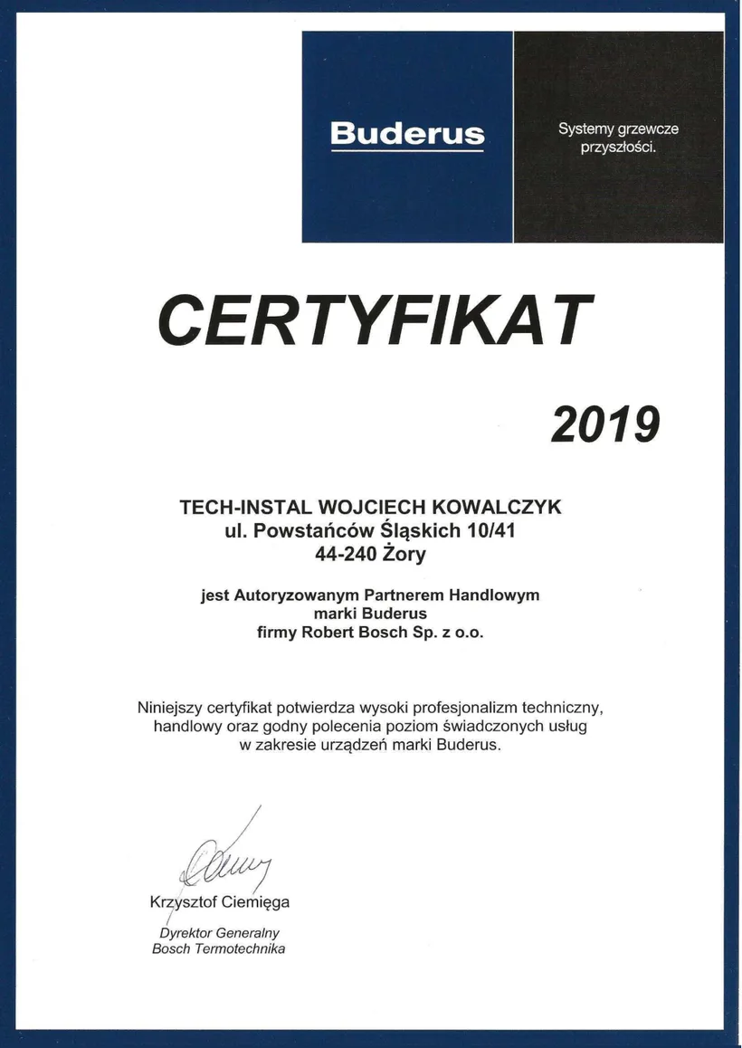 Certyfikat Autoryzowanego Partnera Buderus 2019