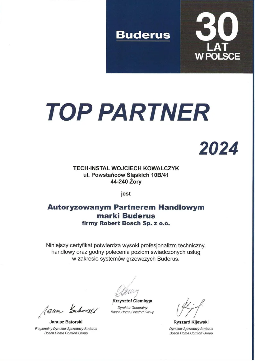 Certyfikat TOP Partner Buderus 2024