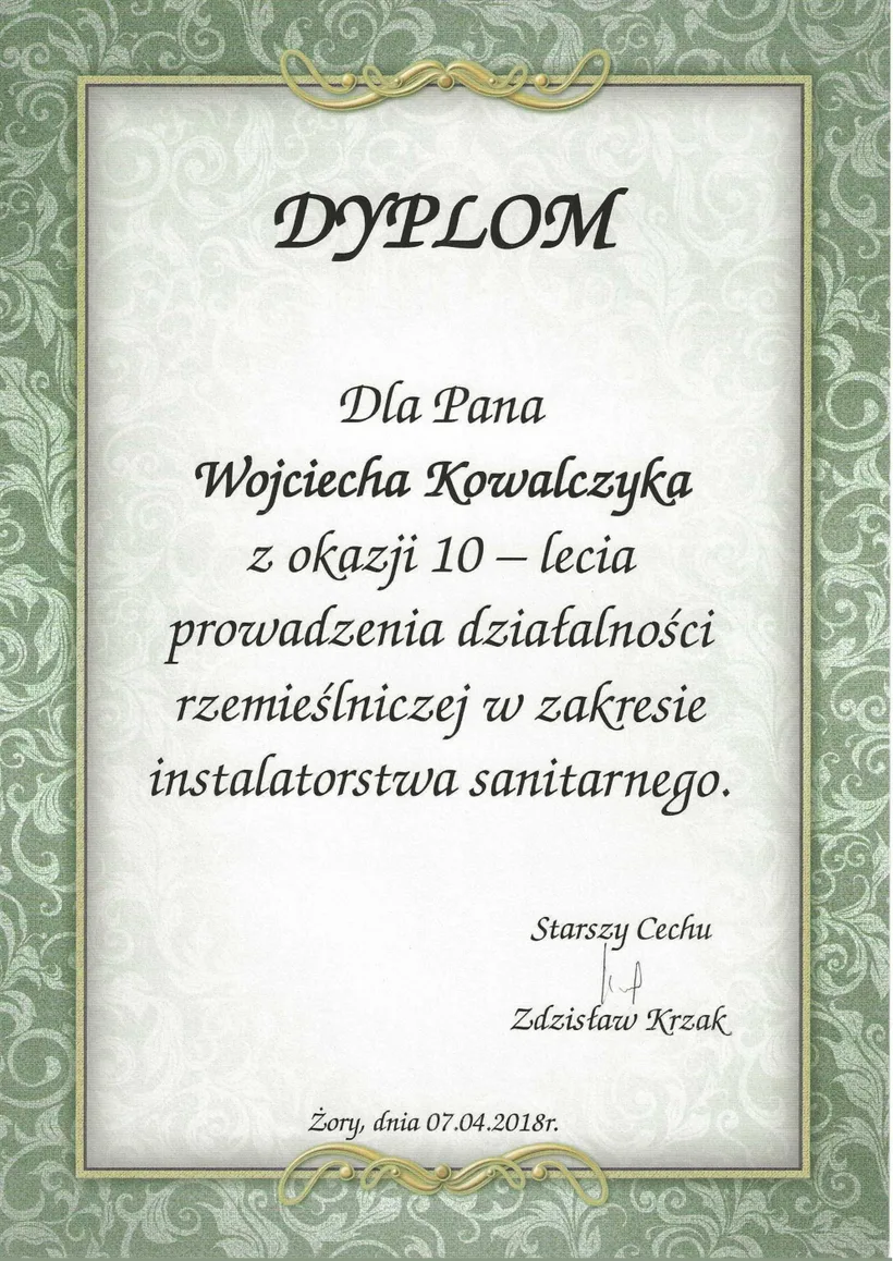 Certyfikat: Dyplom Cechu za 10-lecie działalności