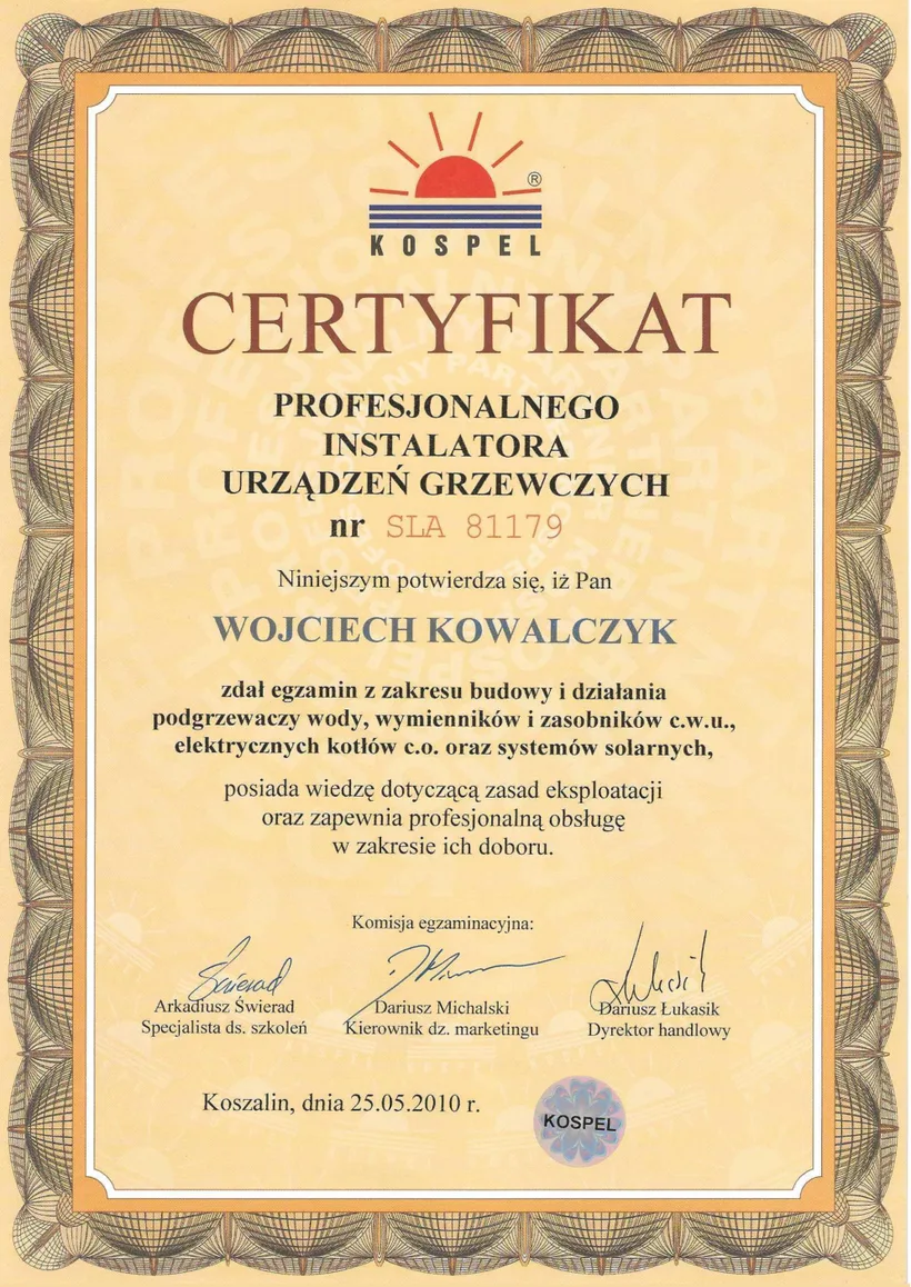 Certyfikat: Profesjonalny Instalator Urządzeń Grzewczych (Kospel)