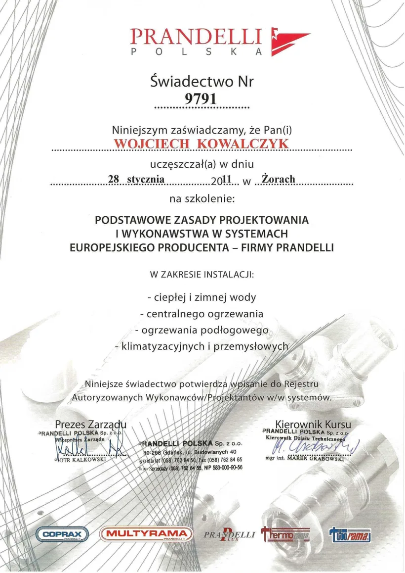 Certyfikat: Prandelli - projektowanie i wykonawstwo instalacji