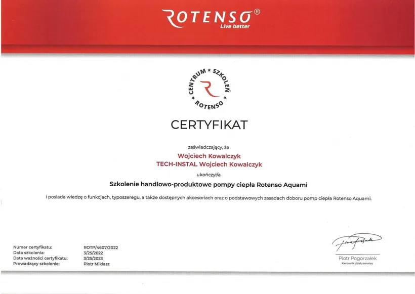 Certyfikat: Rotenso - klimatyzacja