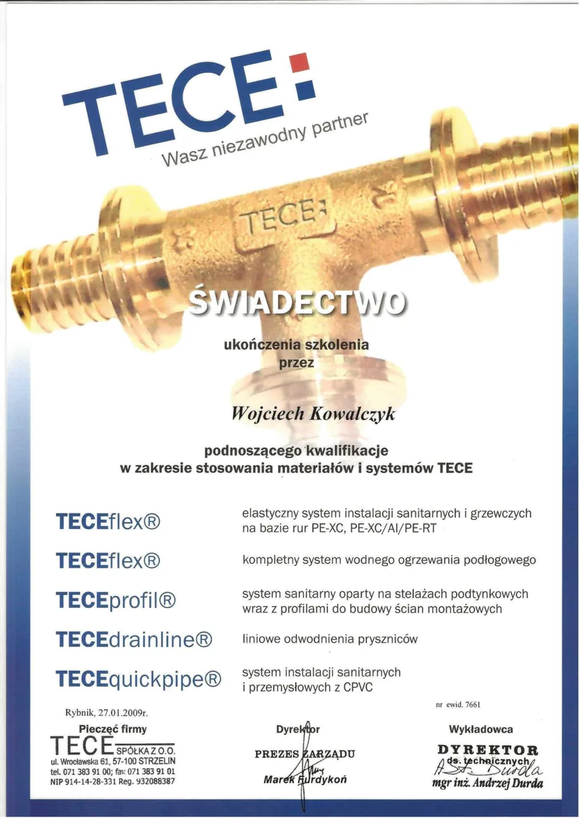 Certyfikat: TECE - systemy instalacyjne