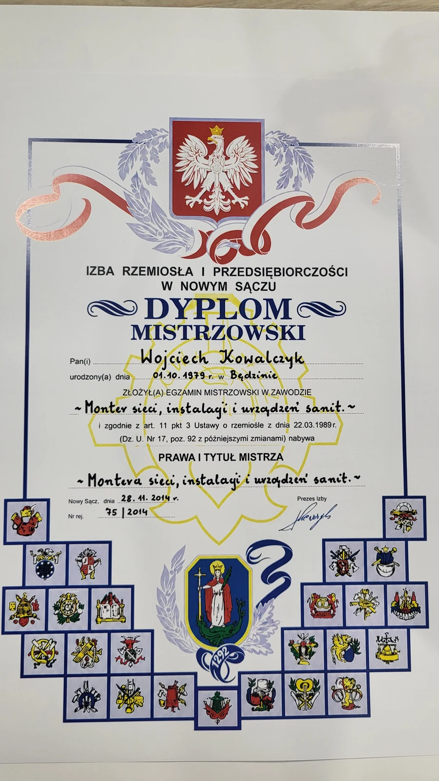 Certyfikat: Dyplom Mistrzowski - monter sieci, instalacji i urządzeń sanitarnych (Izba Rzemiosła, Nowy Sącz)
